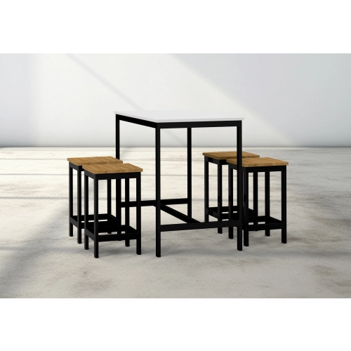 Zestaw Barowo - Jadalniany z Metalu , Blat Biały Płyta MDF  Stół +4 Taborety Model  ZETS-4